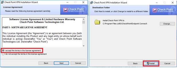 Assistente de instalação do Endpoint Security — aceitar licença e instalar